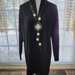 Black Long Cardigan with Geometric Necklace